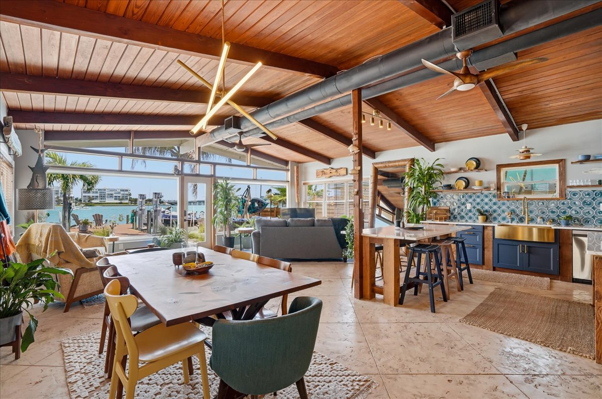 Open-concept main house interior with bay view